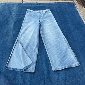 2010s ny&co soho high waist pin stripe wide leg slit denim jeans